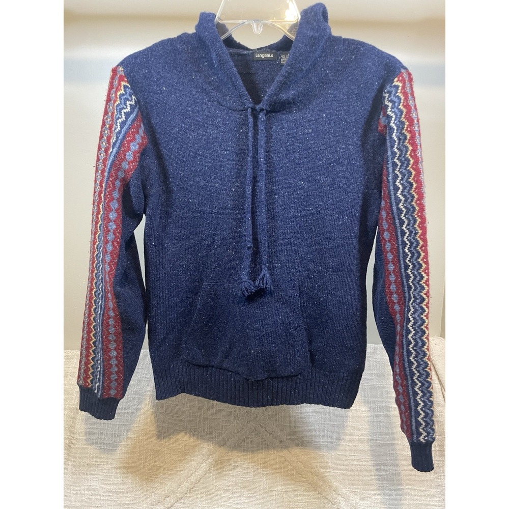 Tangents Blue Flecked LambsWool Hooded Knit Pullover Sweater L Vtg Fair Isle Y2K